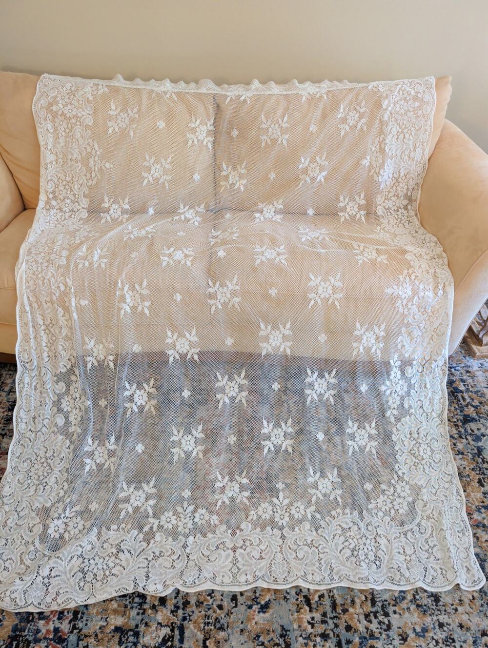 Vintage Single Panel Sheer Lace Curtain 81x61 Off White Intricate Floral Scallop